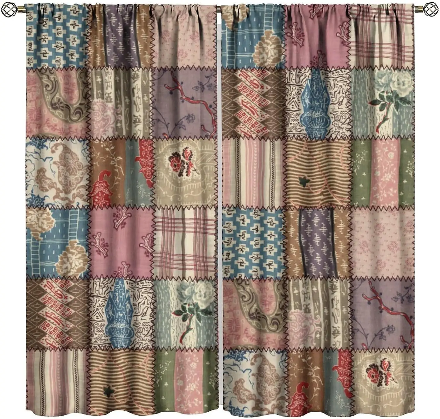Grid Splicing Paisley Floral Striped Blackout Rod Pocket Curtain Muted Tone Soft Rustic Print Homestay Bedroom Rest Bay Window