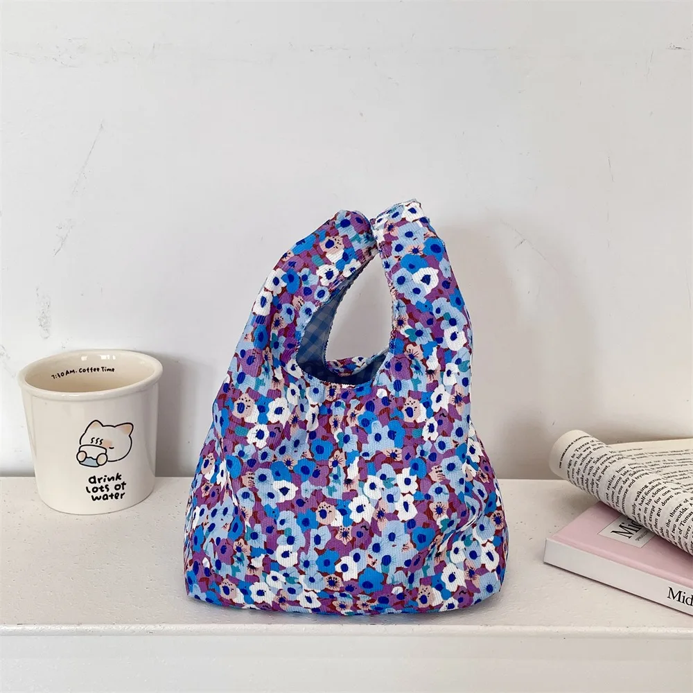 

Lovely Japanese Style Floral Wrist Bag Casual Literary Printing Handbag Corduroy Commuting Small Item Pouch Daily