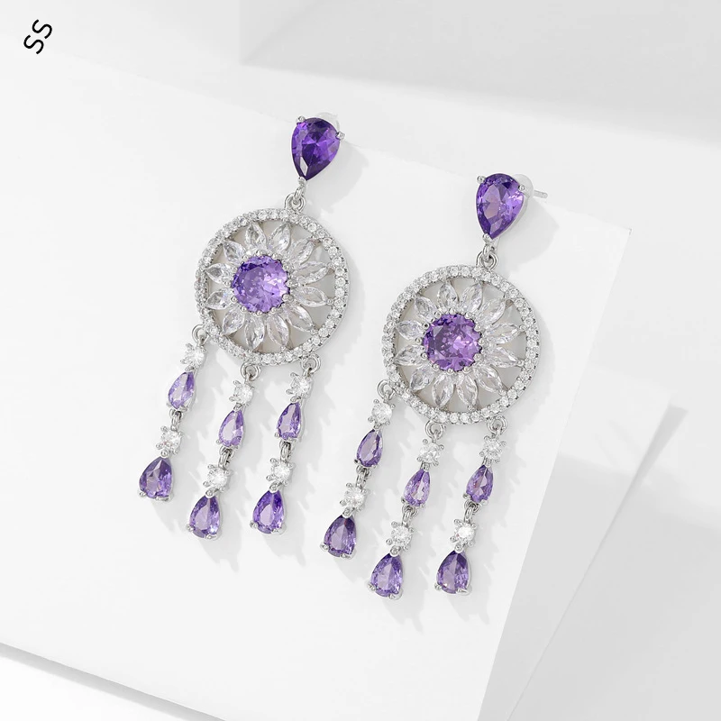 

Purple Zircon Gemstone Drop Earring for Female Garment Accessories Light Luxury Fashion Tassel Ear-pendant with Sunflower Design