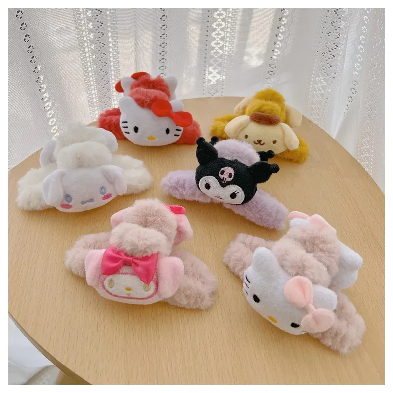 Cartoon Anime Sanrios My Melody Cinnamoroll Hellokittys Plush Doll Hairpin Kawaii Hair Accessories Shark Clip Girl Birthday Gift