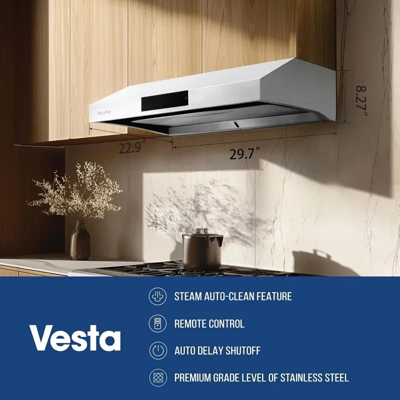 Vesta | Top Selections Range Hood 30" Auto-Clean Stainless Steel 860 CFM Under Cabinet | Steam Auto Clean, Touch Panel