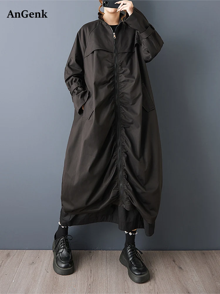 

Oversized Black Vintage Pleated Long Trench Coat For Women Clothes New Casual Loose Korean Fashion Outerwear Spring Autumn 2025