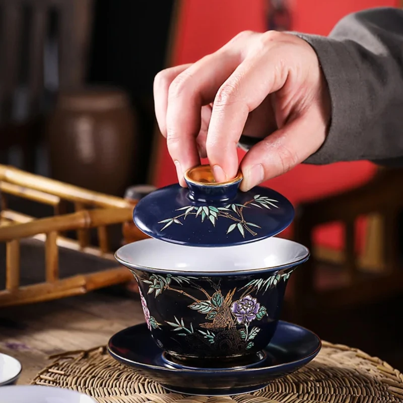 أكواب شاي سيراميك أزرق كوبالت مع حواف ذهبية - طقم شاي كونغ فو مصنوع يدويًا، حفل زين وصندوق هدايا مكون من 6 قطع للمنزل والهدايا