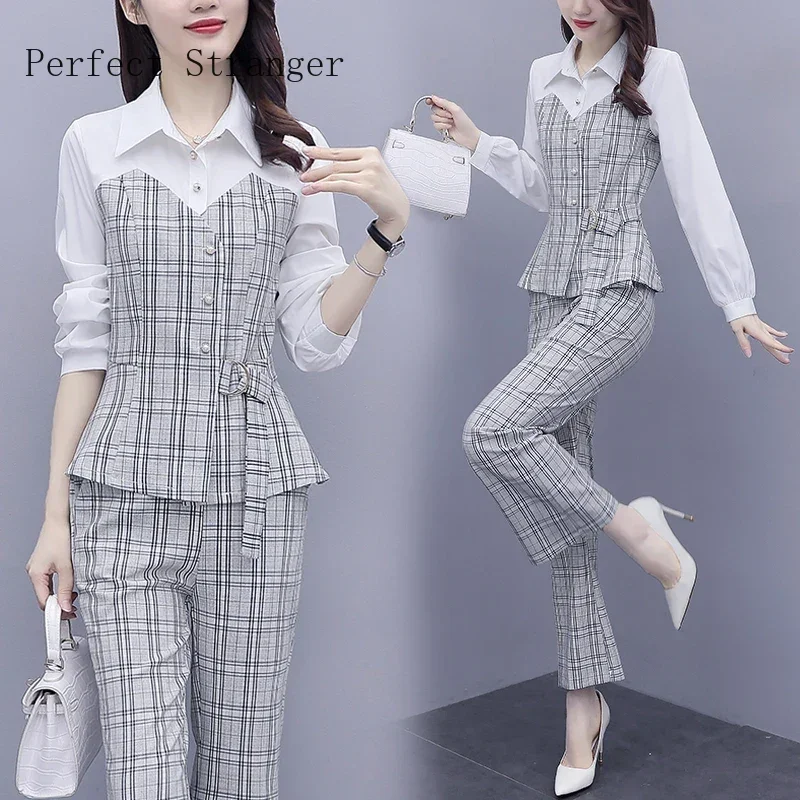 Elegant Plaid Patchwork Office Lady Pants Sets For Spring 2025 New Women Fashion Oversize Turn Collar Slim 2 Pieces Outfits