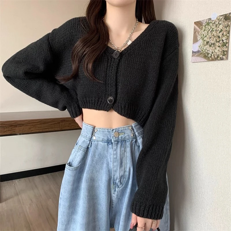 Box-fit Crop Cardigan Sweater Button Front Long Sleeve V-Neck Pastel Plain Knit Jacket Women Teen-girl Fall Winter Y2K Outfit