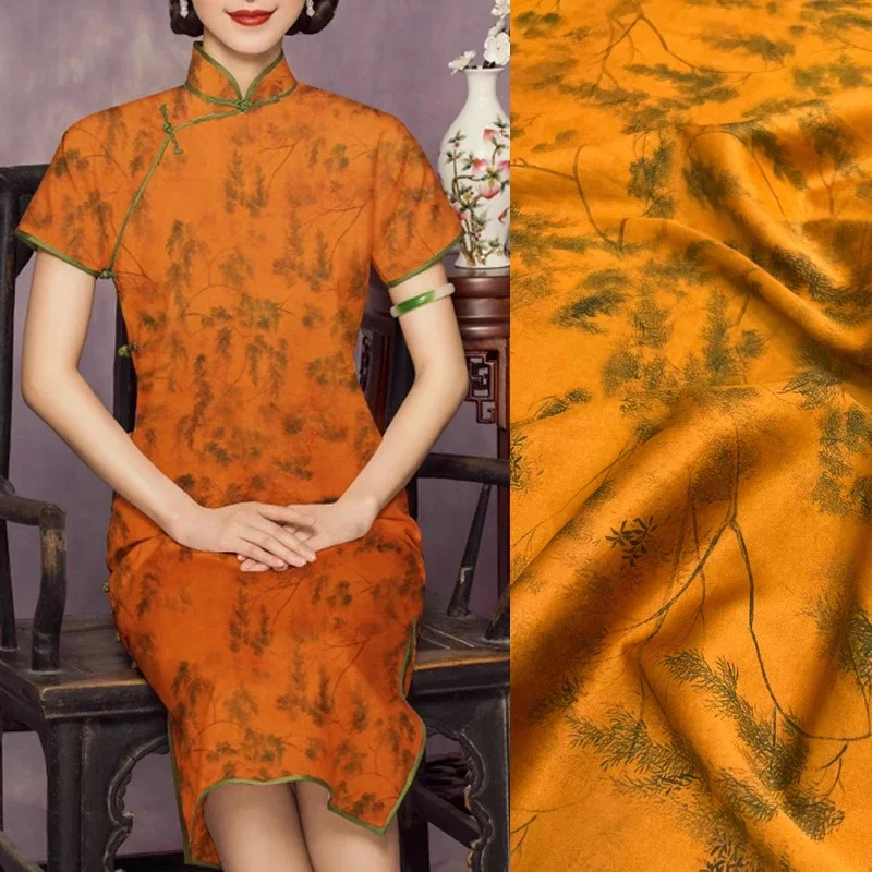 Trees Print Orange Stretch Silk Fabric - Wide 118CM - Ideal for Dress & Cheongsam - High-Quality D1260