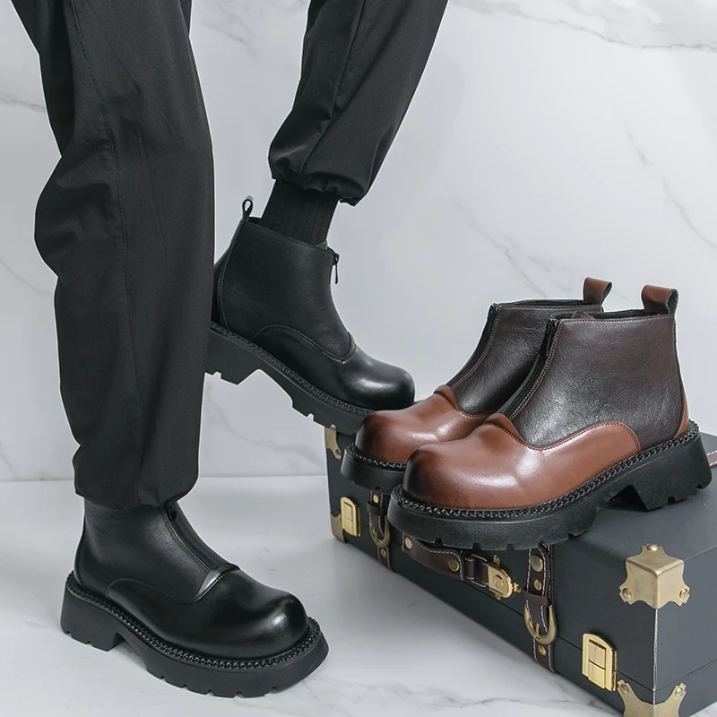 Stivali Chelsea alla moda da uomo Scarpe alte in pelle con suola spessa marrone scuro Stivali da uomo di marca a punta alla moda Taglie 38-46