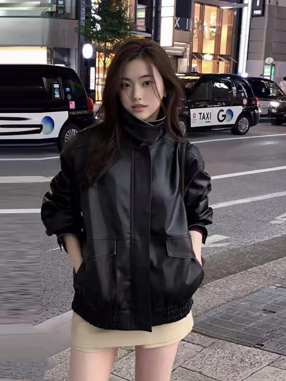 2026 Korean Style Retro PU Leather Jacket Loose Fit Collar up Bike Clothes Heavy Duty Fashionable Streetwear Versatile Women'...