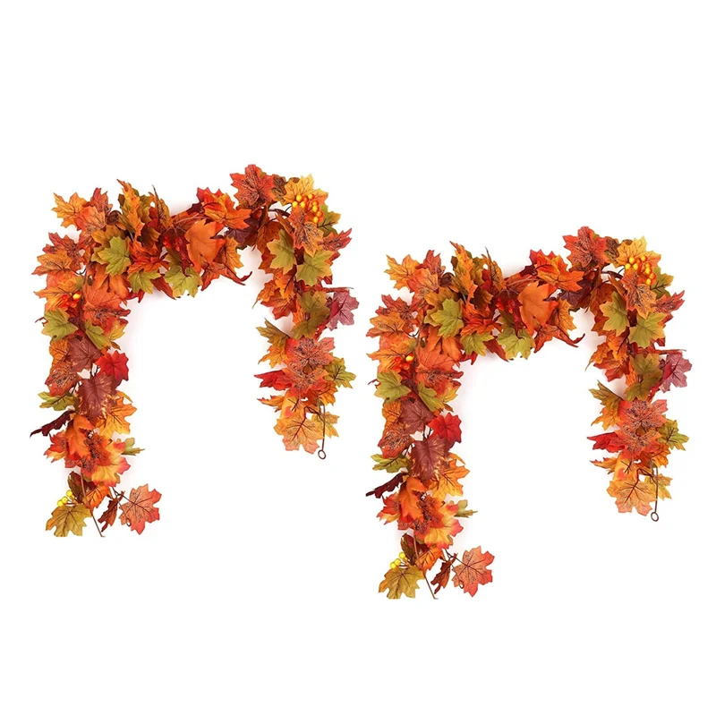 AT02-Thanksgiving أكاليل 2 قطعة إكليل الخريف الاصطناعي أوراق القيقب 5.8Ft إكليل الخريف الزخرفية لإطار باب الموقد