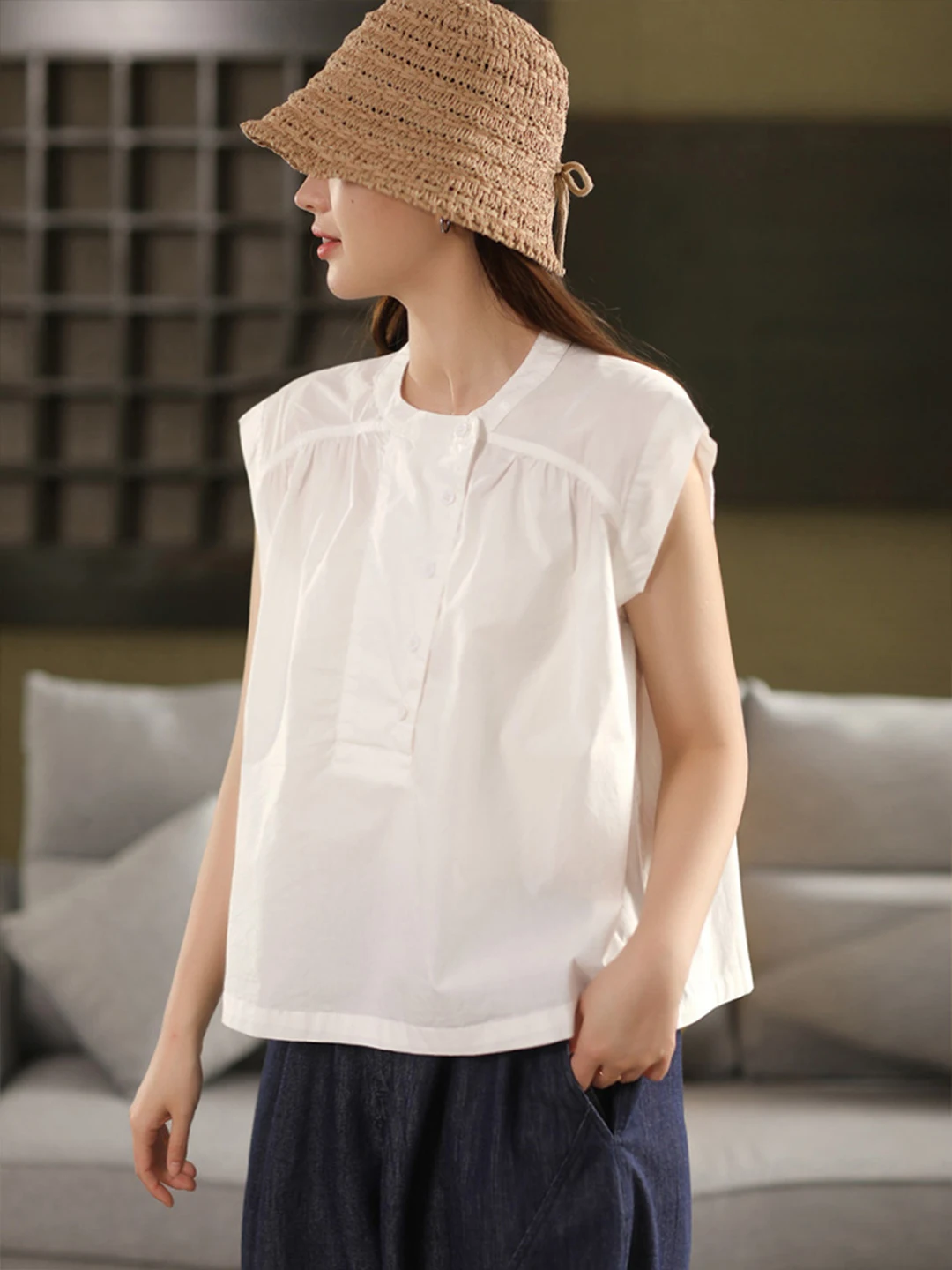High-End Retro Svel Linen irt Women Summer Simple Elegance Loose Splicing Stand Collar Small Flng Sve Cotton Lin...