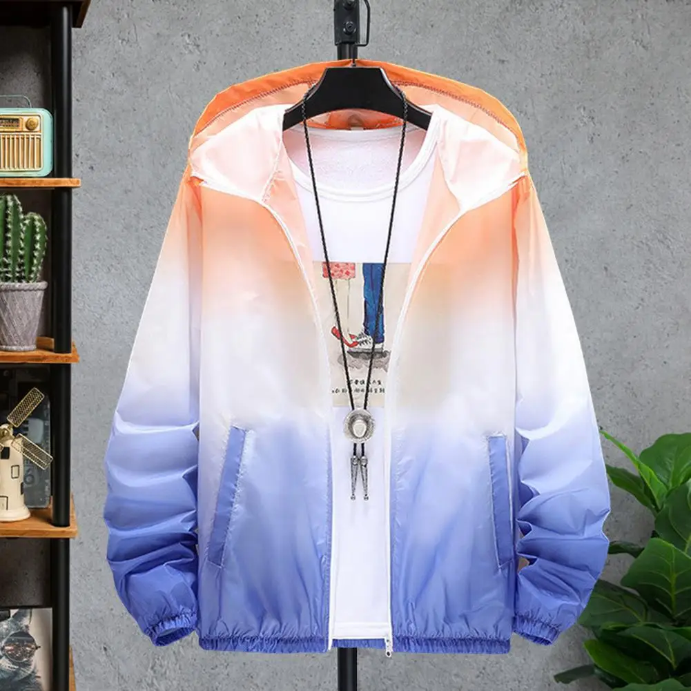 Fashion Men's Gradient Color Jacket Youth Korean Style Slim Stand-Up Collar Windbreaker Casual Hooded Windproof Jacket Men