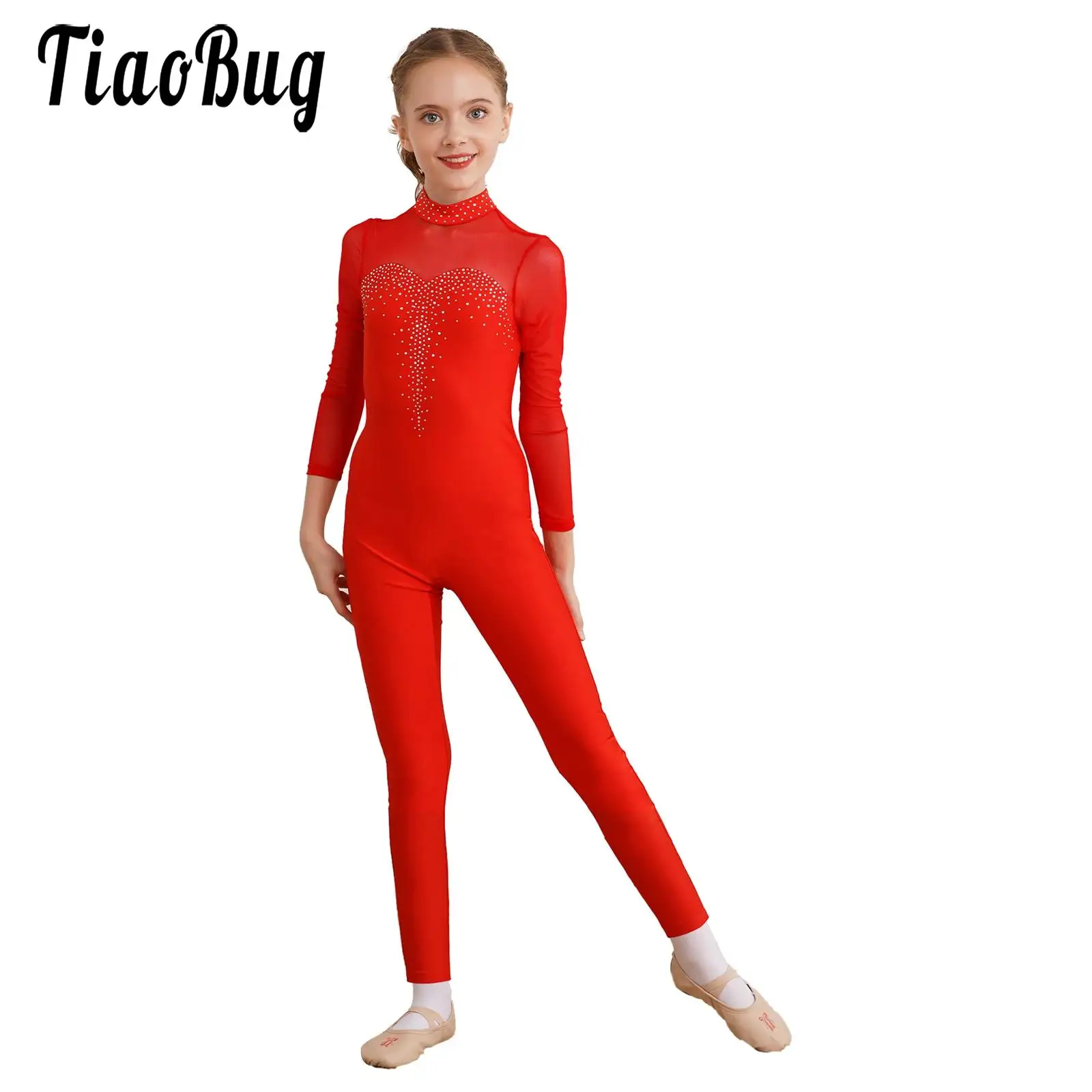 Kids Girls Dance Jumpsuit Acrobatics Gymnastics Leotards Bodysuit Long Sleeve Rhinestone Full Length Ballet Dance Performance