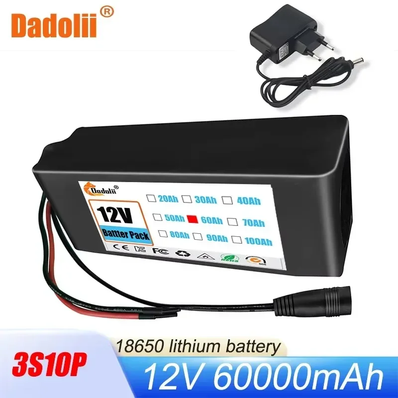 

12V 3S10P 60AH Rechargeable Battery Pack 18650 Portable Li-ion Battery DC 12V 60000mAh with BMS Battery Pack+3A Charger