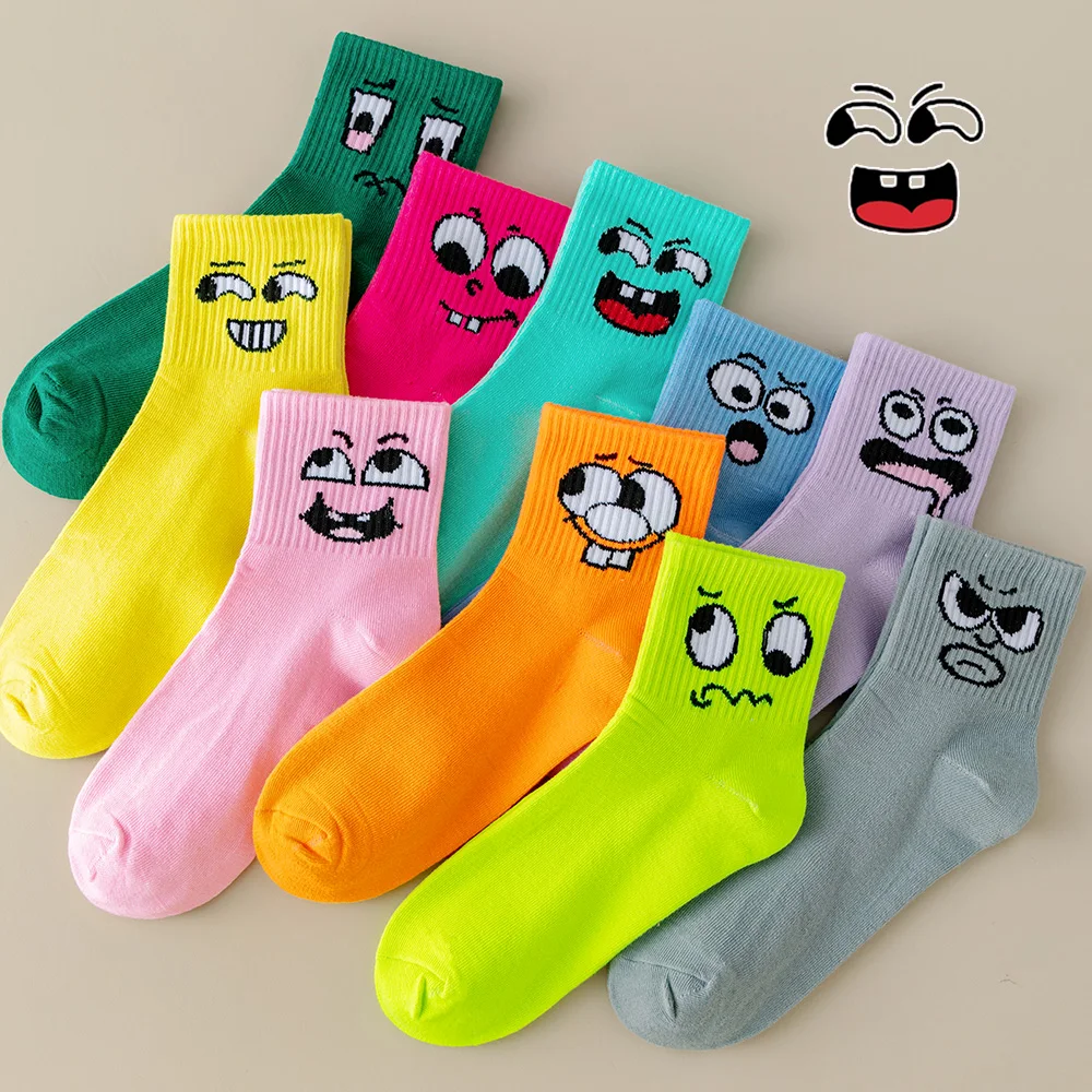 5/10 Double sourires bonbons couleur unie chaussettes à la mode printemps/été dessin animé mi Tube femmes chaussettes sport et loisirs chaussettes