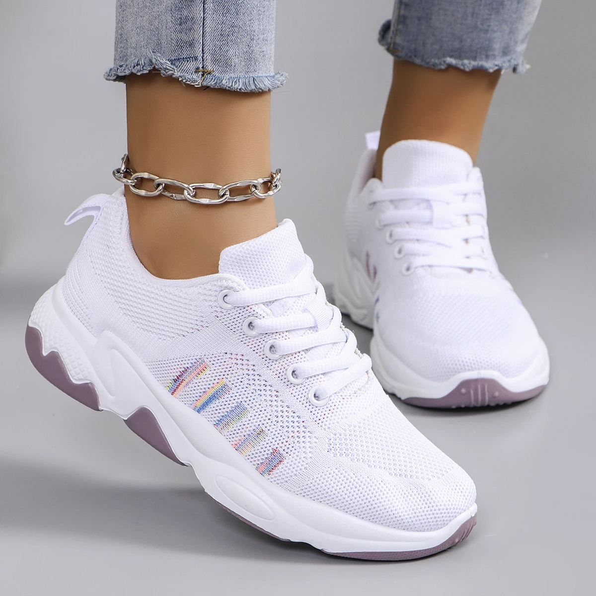 Spring new women\'s sports shoes, fashionable, breathable, lightweight, non-slip, wear-resistant, casual sports shoes, flat shoes