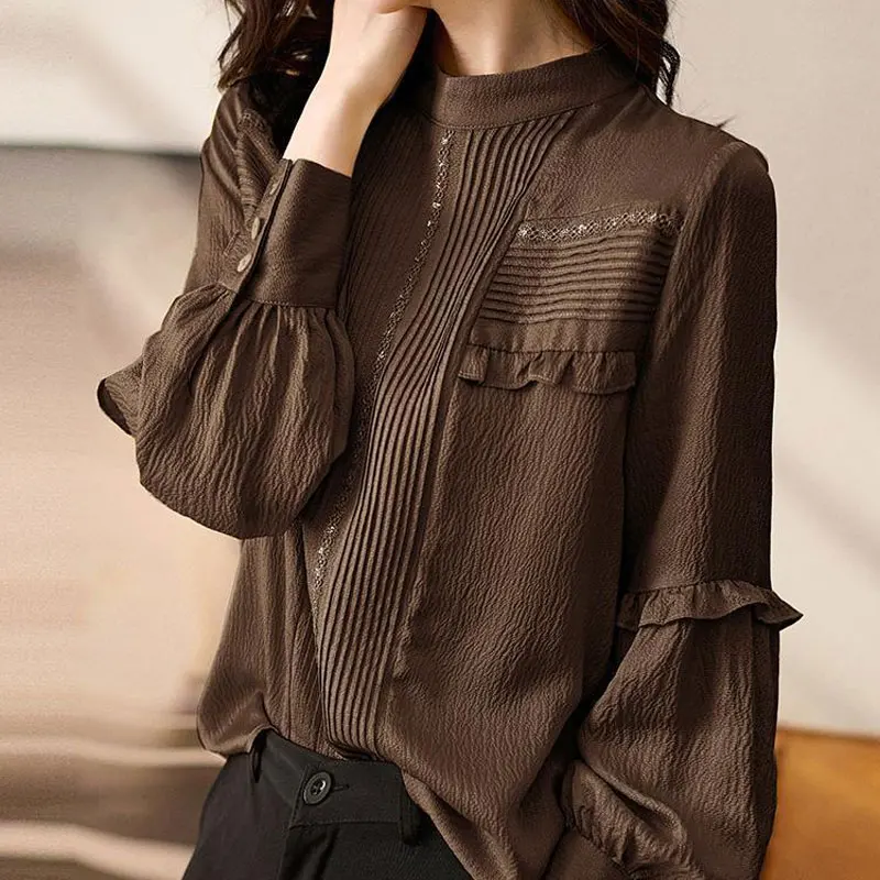 Mode Geplooid Kant Basic Shirt Lente Herfst Effen Kleur Kraag Dames Kleding Pendelen Koreaanse Ruches Gesplitste Blouse