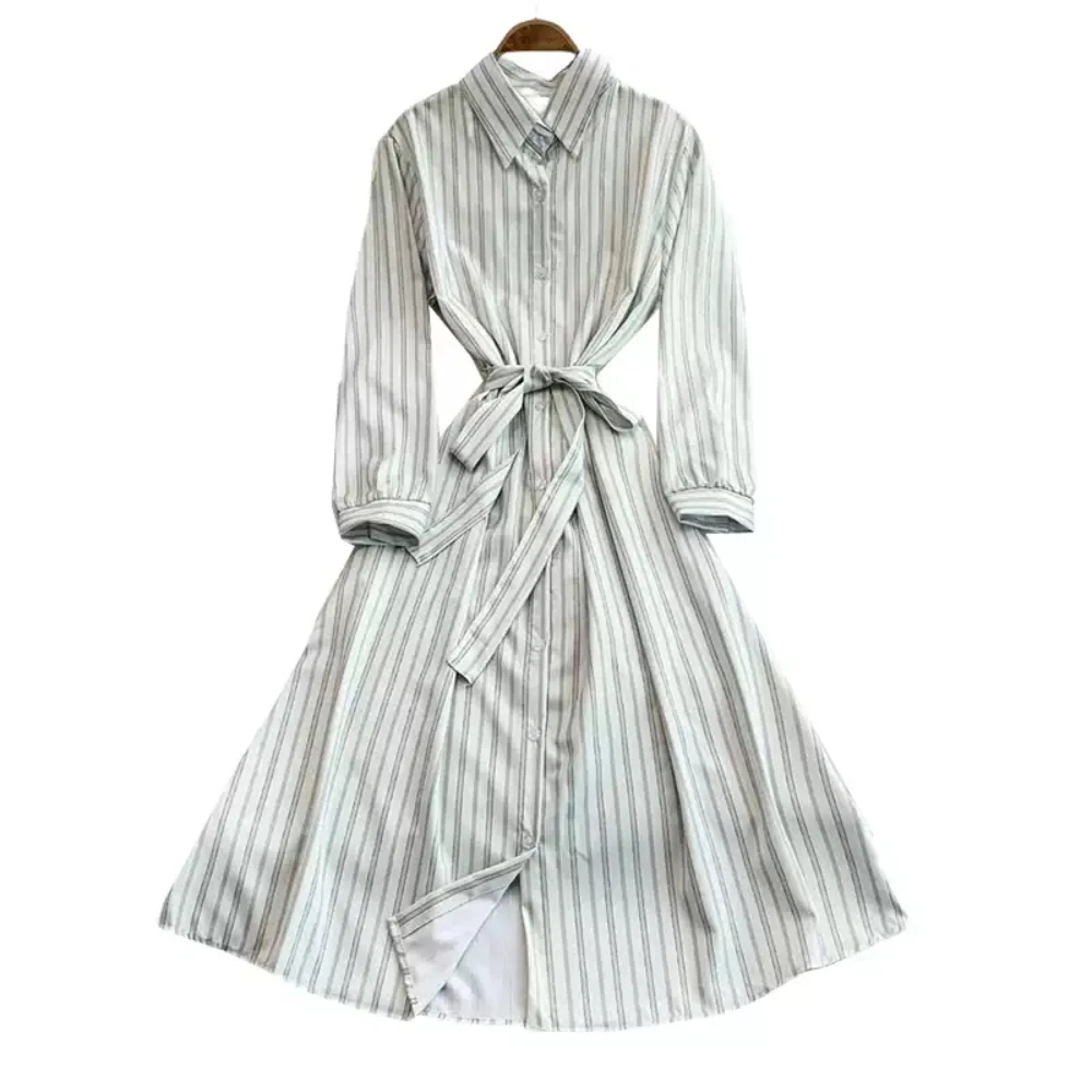 Frauen Vintage Gestreiften Hemd Kleid Frühling Herbst Dünne Große Schaukel A-Line Lose Spitze-Up Lange Einreiher Büro Dame kleider