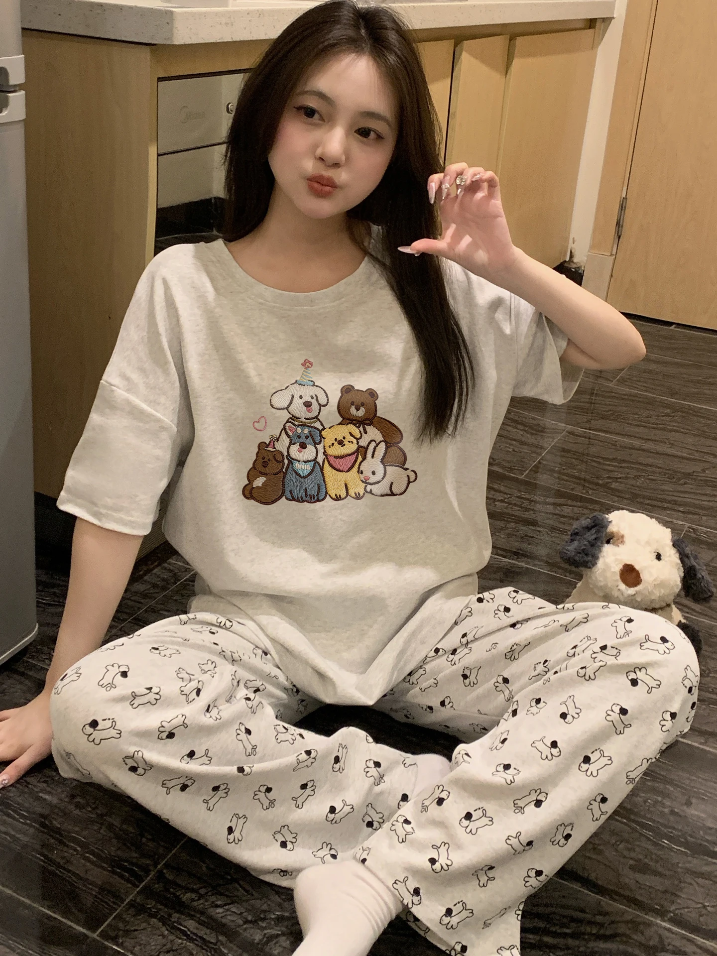 

2026 New Women's Cotton Pajamas Summer Thin Short Sleeve Long Pants Doggie Two-Piece Set Home Clothes Comfortable Sleepwear