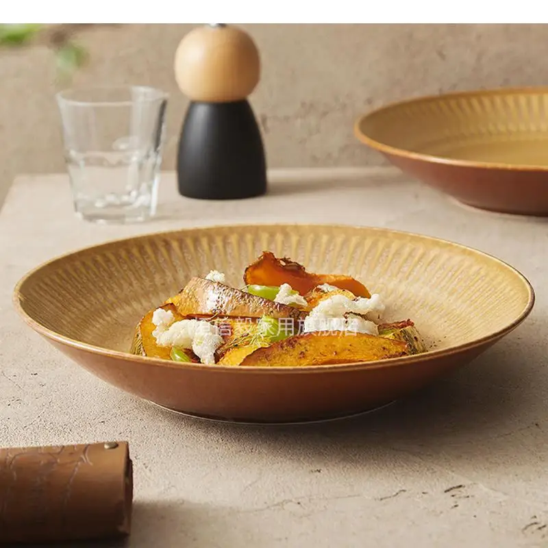 Kiln Changes Vertical Stripe Ceramic Deep Plate Retro Salad Dessert Dish Pasta Molecular Cooking Specialty Tableware
