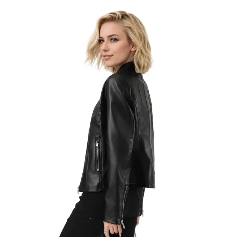 Fashionable stand up collar zipper long sleeved slim fit solid leather jacket for spring/autumn women's temperament elegant coat