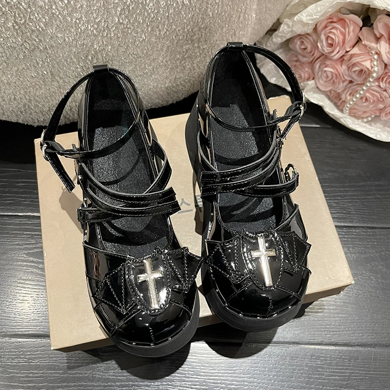 Women's Gothic Mary Jane Shoes Metal Decoration Punk Lolita Platform Shoes Woman Cross Tied Wedges Y2K Pumps College Style