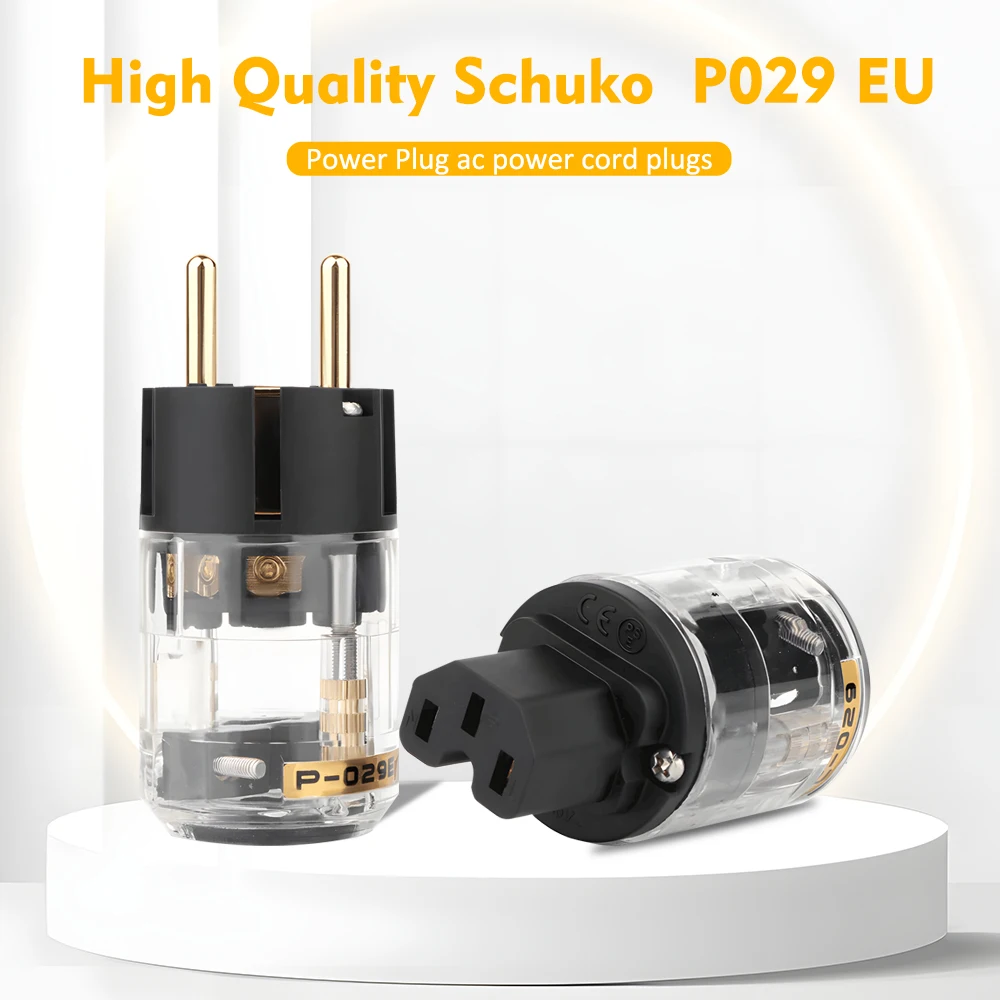 24K Gold Brass Power Cord Connector Pair – P029E EU Schuko Plug + C029 IEC Inlet, Audio Grade DIY, 10-18mm Cable