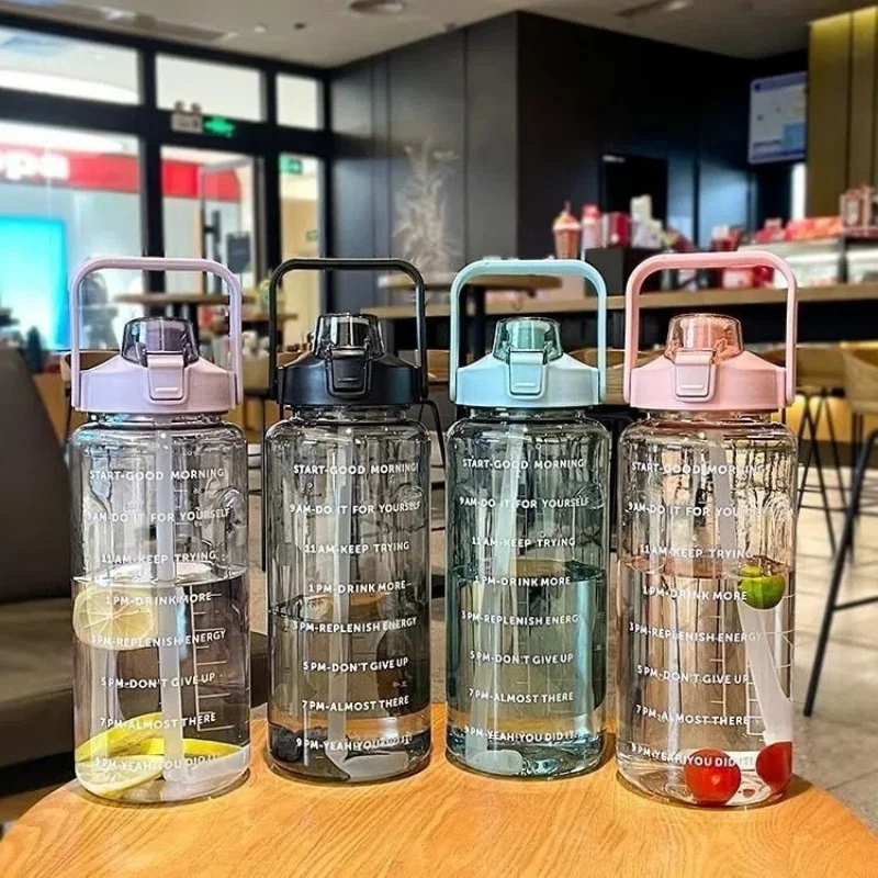 2000ml Water Bottle with Straw Female Jug Girls Portable Travel Bottles Fitness Bike Cup Summer Cold Water Jug with Time Marker