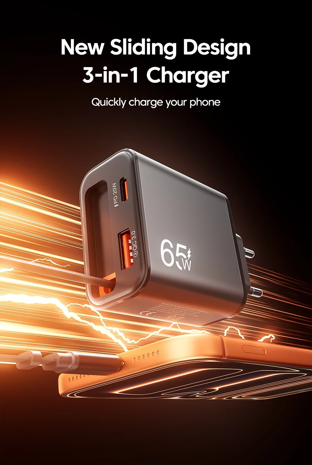 Lenovo 65W GAN Charger Type C USB Super Fast Charging With Retractable USB C Cable For Iphone Samsung Supports Multi Protocol