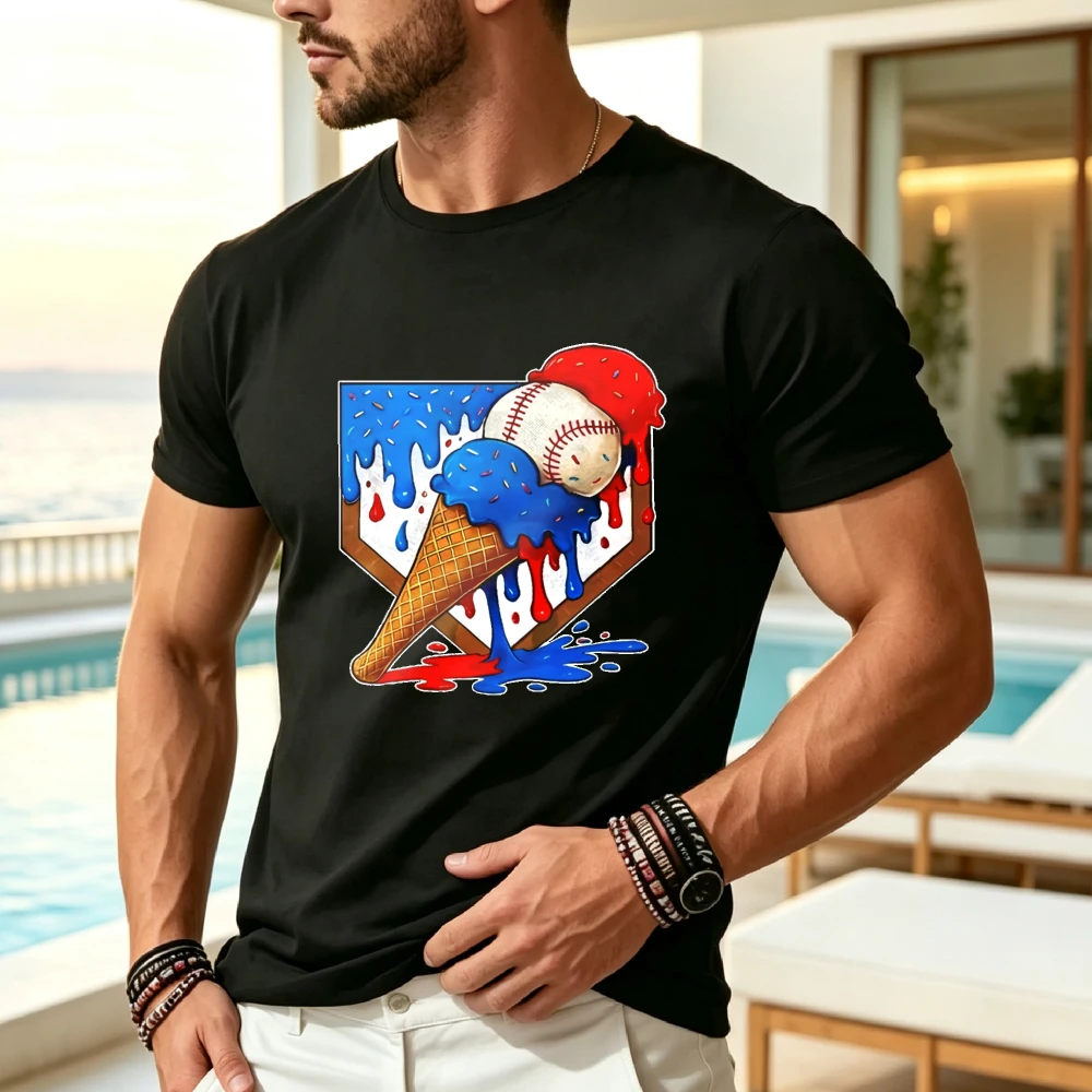 Distressed Baseball Boys Ice Cream Drip Youth T-Shirt | Same Style For Men And Women, Summer Short-Sleeved, Crew Neck, Vintage Drawing Pattern, Slight Stretch Fabric, Regular Fit