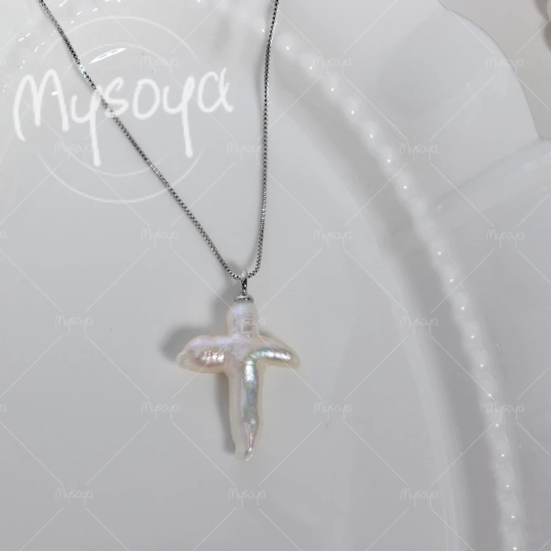 

MYSOYA 14-20mm White Cross Baroque Pearl Pendant Necklace for Girlfriend/ Friend, for Wedding/ Dinner/ Mother's Day Gift A0565