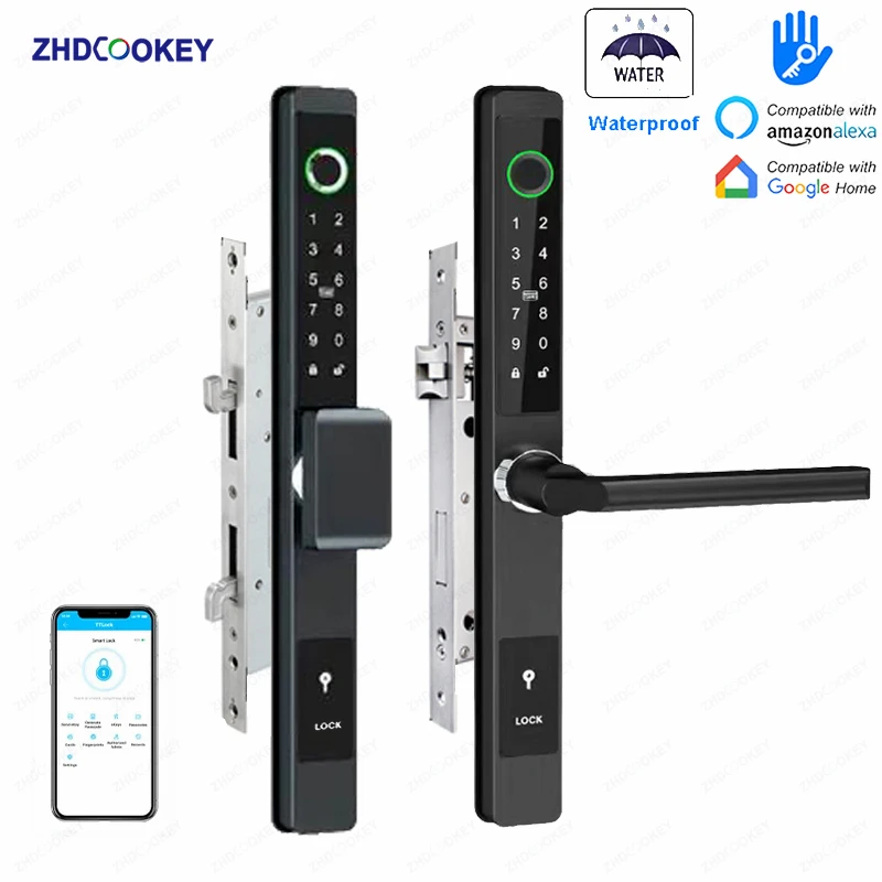 zhdcookey-生体認証デジタルドアロック、防水、ttlockアプリ、指紋、rfidカード、パスワード、スライド式アルミニウムドアスマートロック