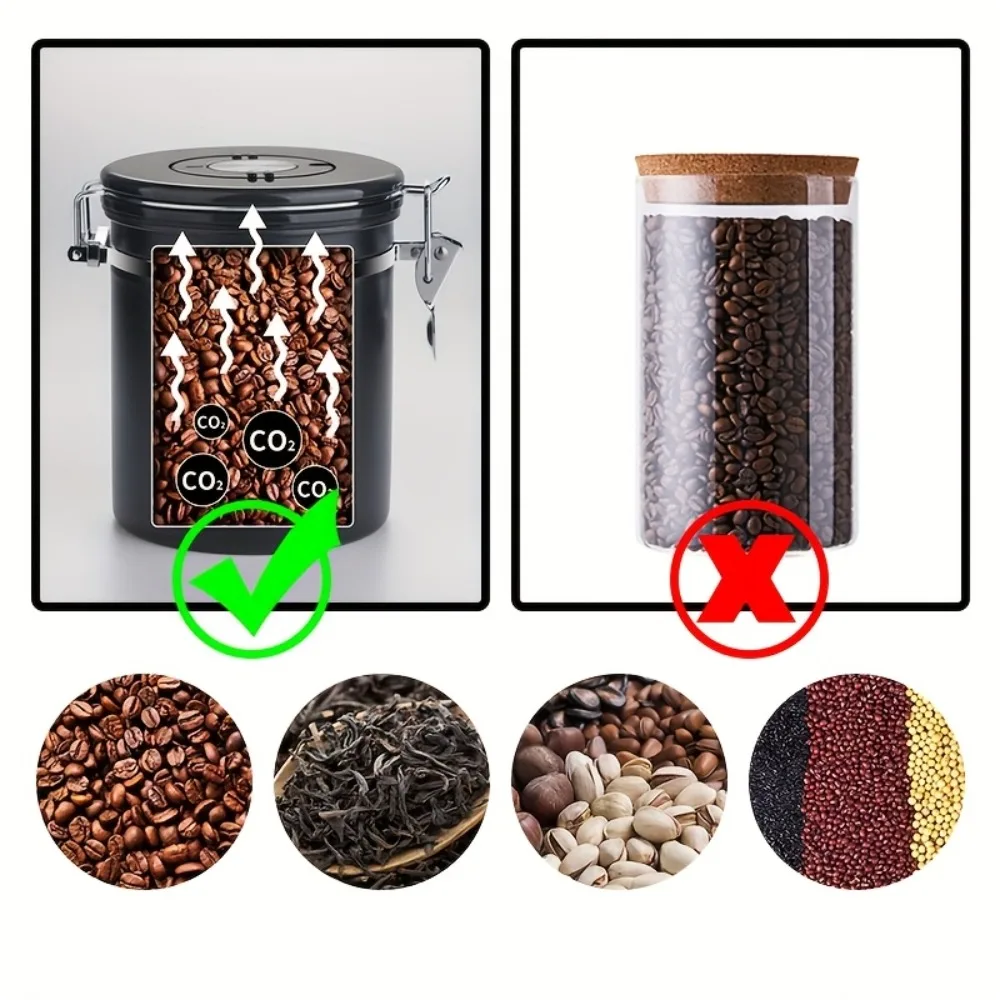 304 Stainless Steel Coffee Bean Storage Tank with Spoon Wood-grain Pattern Lid Tea Leaf Canister Date Tracker Airtight