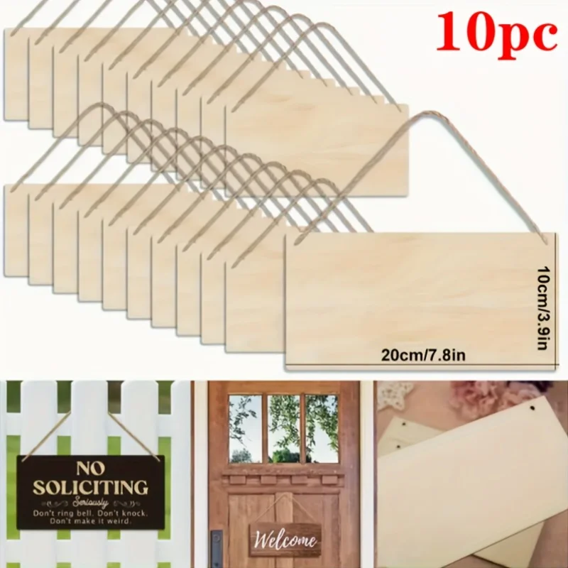 10Pcs Unfinished Rectangular Wooden Hanging Signs Blank Basswood Plaque with Rope for DIY Crafts Door Decor