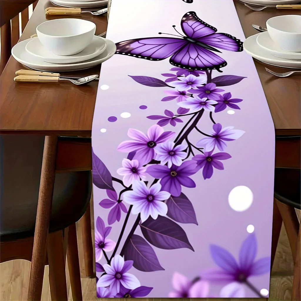 1pc Purple Butterfly Floral Print Table Runner for Family Dinners, Afternoon Tea, Dining Table Decoration and Leisure Area Décor