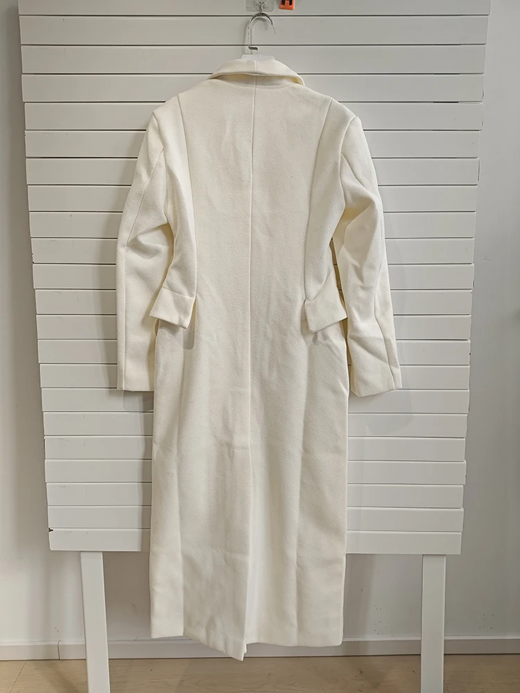 Eleganter langer Wollmantel für Damen, einreihiger Reverskragen, schmale Taille, maßgeschneiderte, formelle Oberbekleidung in voller Länge, creme/schwarzer Mantel