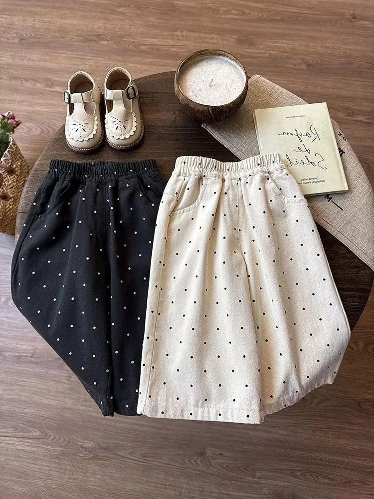 

Широкие брюки в горошек для девочек, весенне-осенние повседневные свободные детские длинные брюки, модные, в корейском стиле, в стиле "Лесная система"