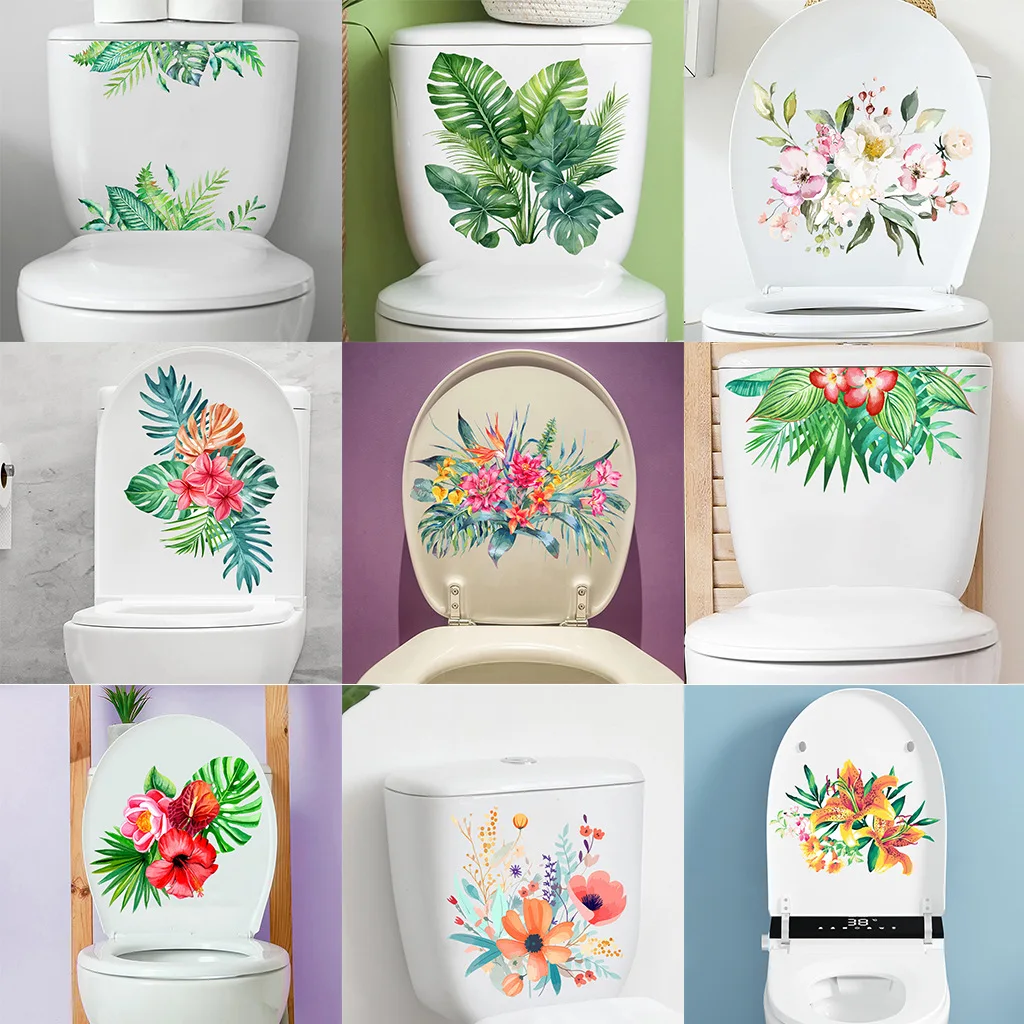 

Floral Toilet Sticker - Green Plant PVC Bathroom Decal, Frosted Matte Waterproof Wall Art for Restroom Decor