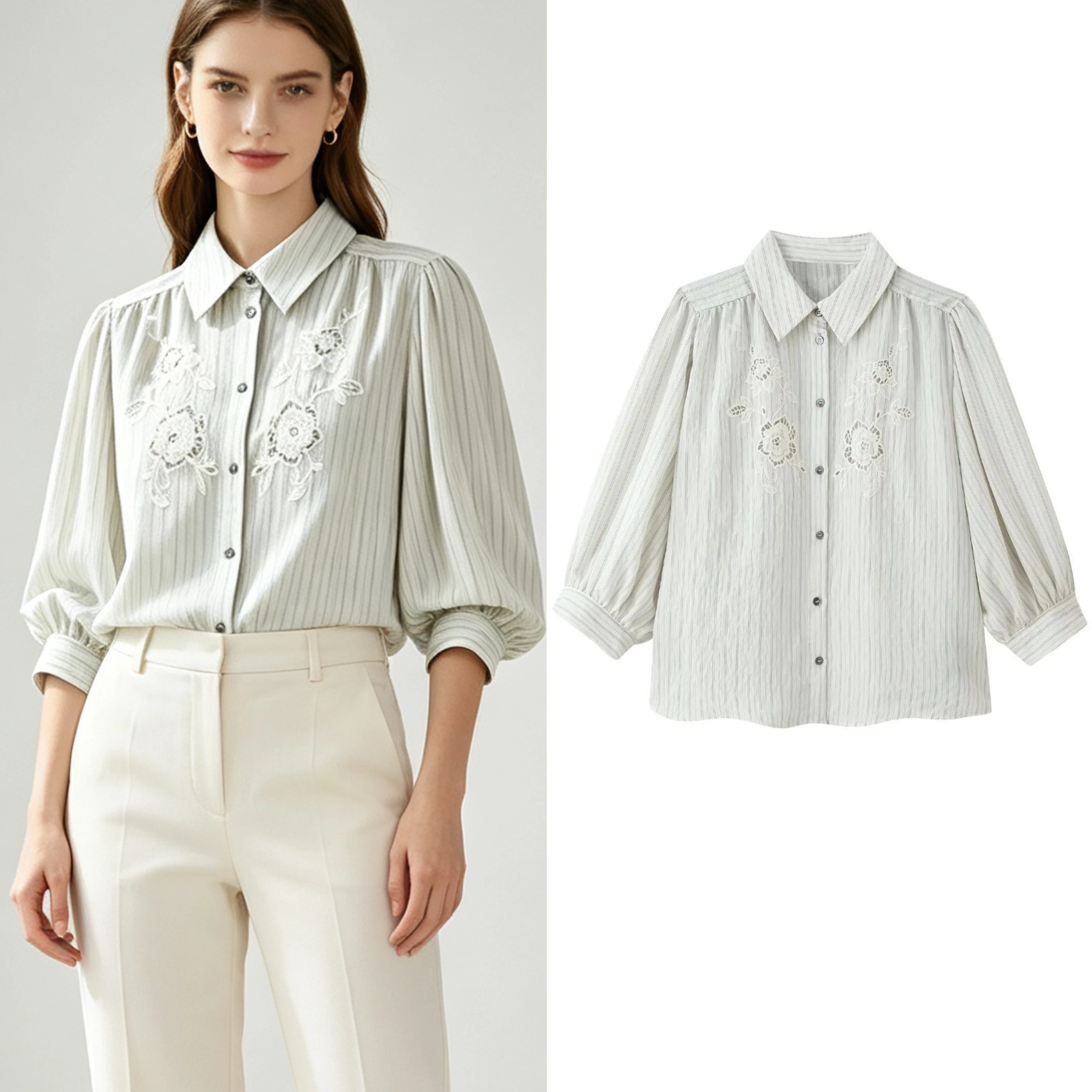 Women's Blouses Autumn New Striped Hollow Embroidery Lapel Collar Puff Sleeves Buttons Shirt Fashion Casual Lady Commute Tops