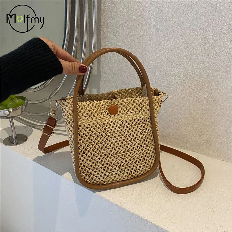 Bolsa de praia de palha para mulheres, Hollow Out Crossbody Bags para meninas, Rattan Woven, mensageiro do verão, sacolas de ombro com bolsa interior