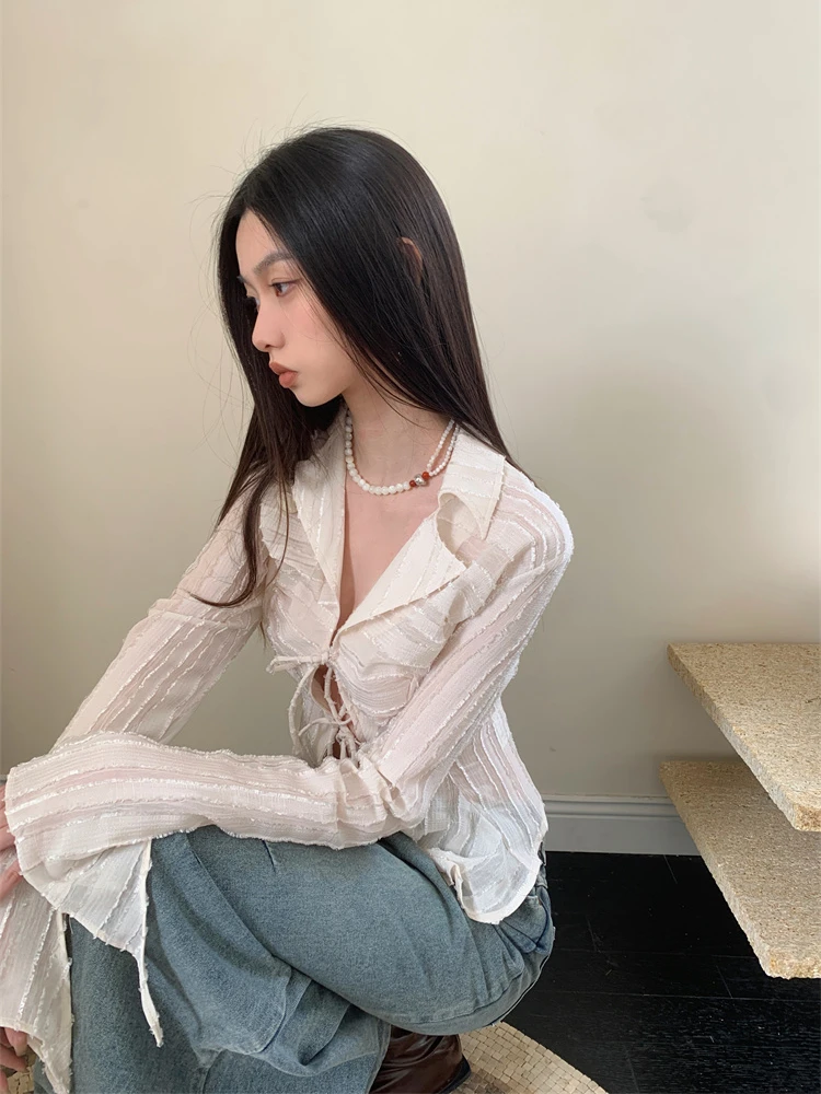 CHEERART Bandage Chiffon Long Sleeve Shirts & Blouses Designer Top For Women 2023 Collar Shirt Fashion Trendingclothes