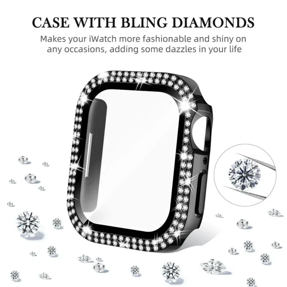 Double Row Rhinestone Bumper Tempered Glass For Apple Watch Series 11 10 9 8 7 6 5 SE Ultra Fits 38-45mm Drop Scratch