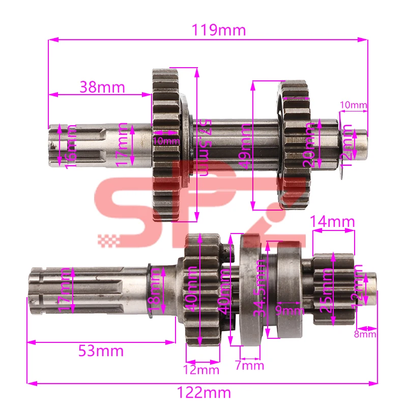 Transmission reverse main and auxiliary shafts are suitable for 50cc-110cc 1+1 reverse engines