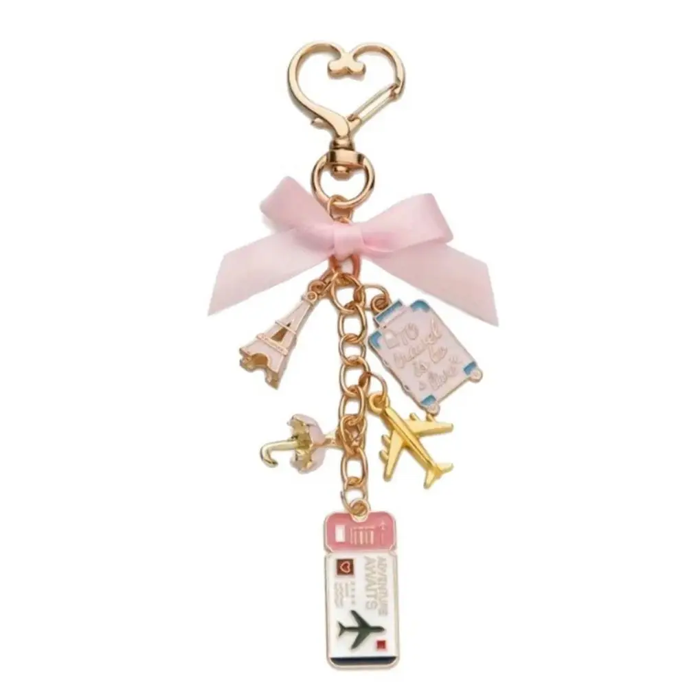 Pink Enamel Keychain Heart Buckle Ticket Luggage Plane Eiffel Tower Romantic Key Ring Versatile Accessory Backpack Decoration