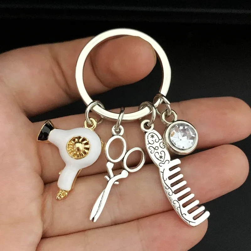 New hairstylist keychain hair salon keychain hair dryer scissors comb keychain hairdresser men and women fashion jewelry gifts