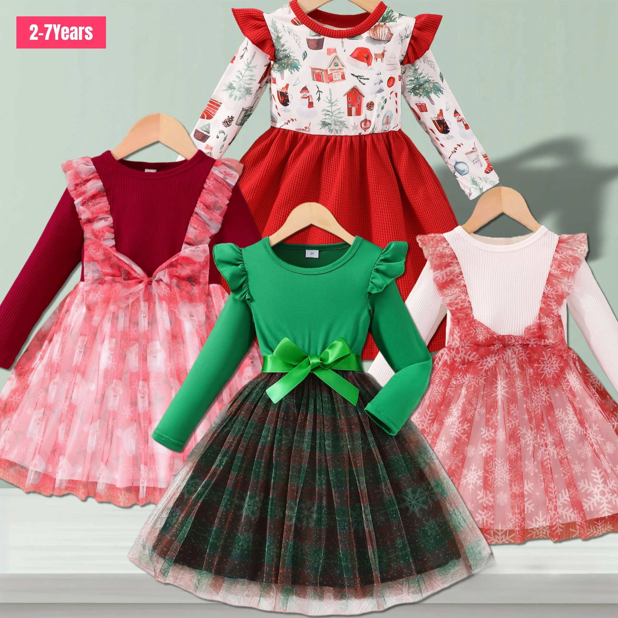 

Christmas Kids Girls Dress Long Sleeve Spring Summer Gauze Bow Children Dress Casual Holiday Gifts Soft Sweet Girls Clothing