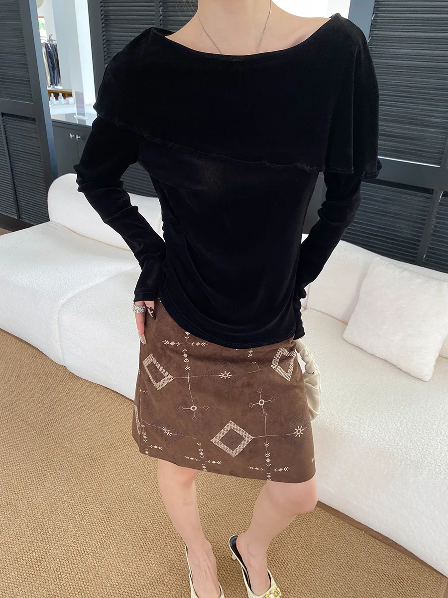 Autumn women's casual solid color French ruffle edge pleated waist slimming T-shirt