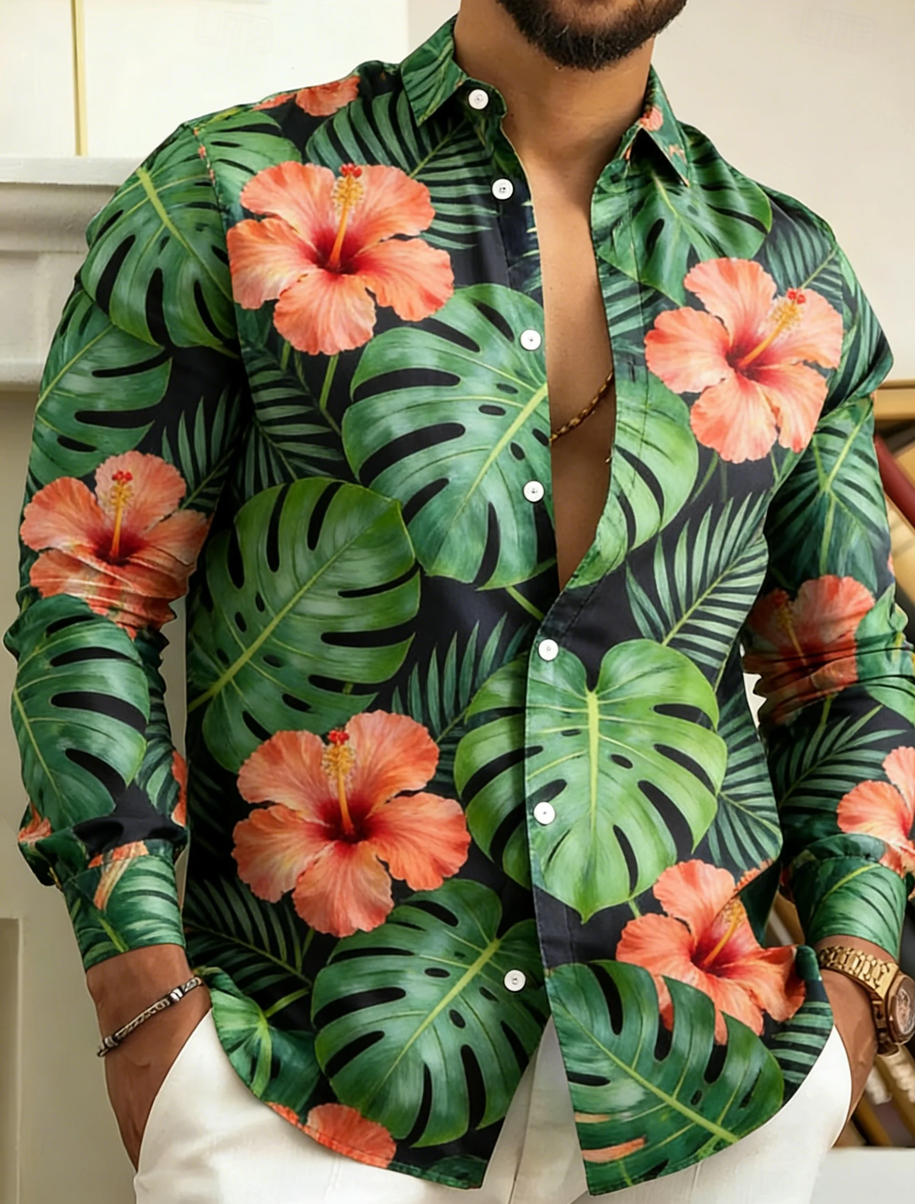 

Men's Black Hibiscus Monstera Print Lapel Shirt, Spring Summer Tropical Vacation Top