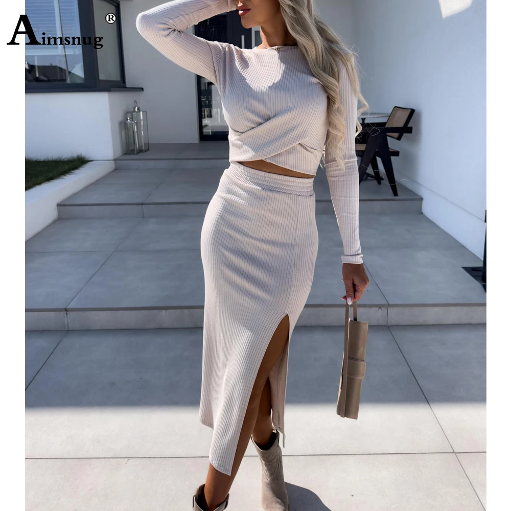 

Women Casual Street Two Piece Sets 2023 European Fashion Criss Cross Tops and High Spit Skirt Suits Womens Knitted Tracksuit Set