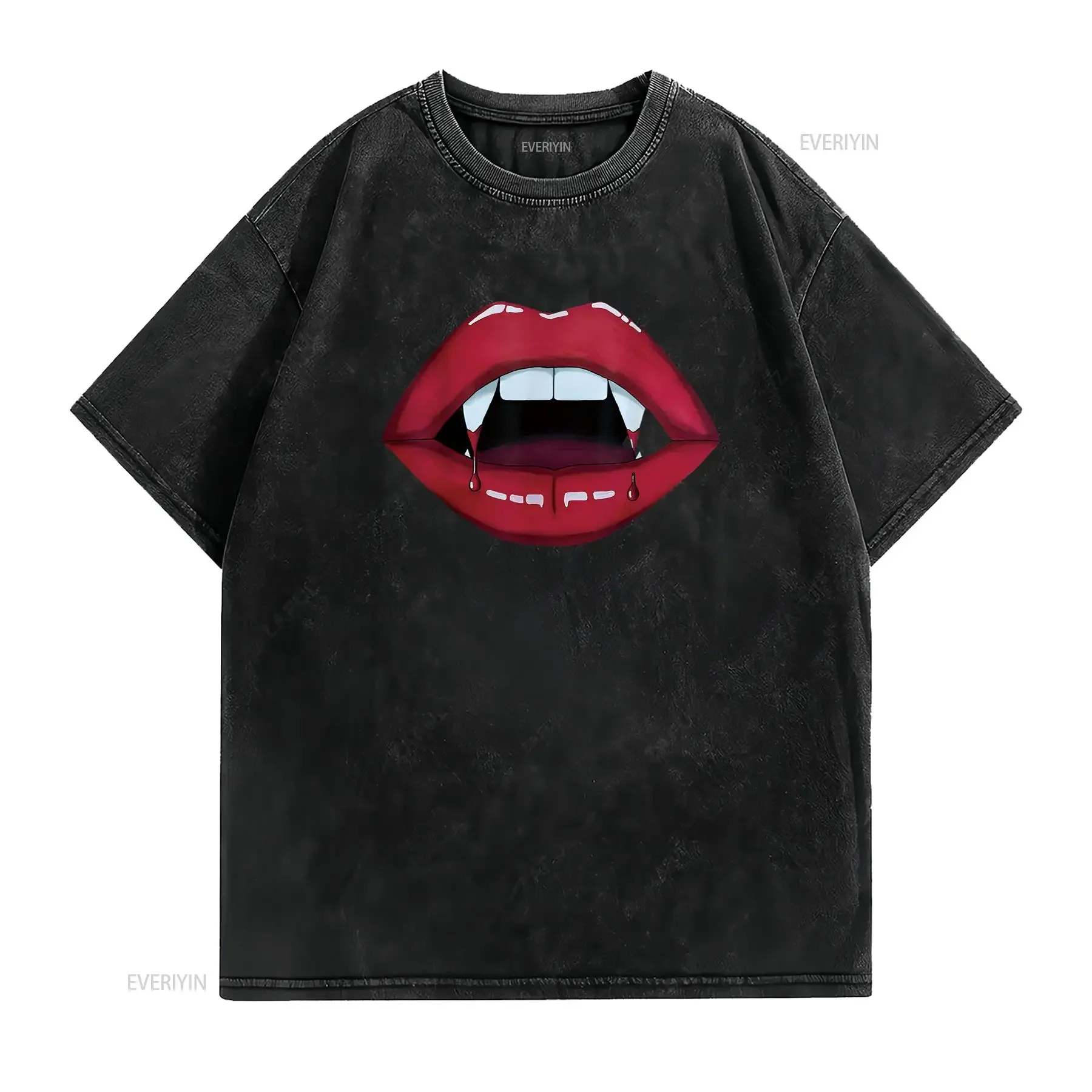Womens Sexy Woman Vampire Mouth Blood Fangs T Shirtth Bright Red Lips Shirt Black 2XL vintage Washed fashion Stretched