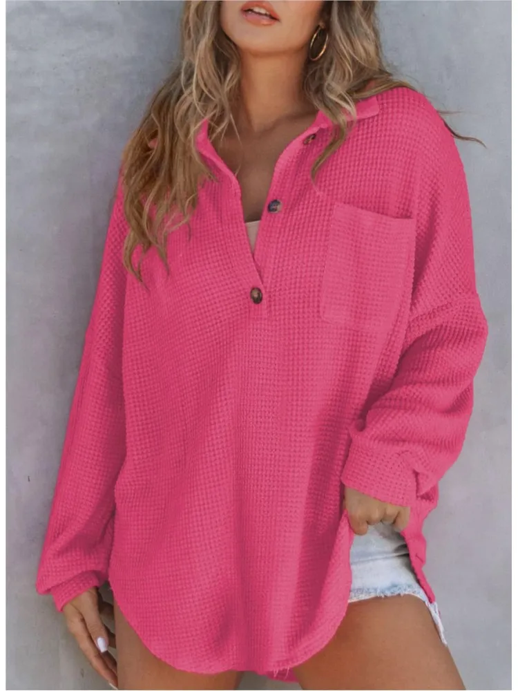 

Fashion Waffle Knitted Women's Button Long-sleeved Tops Autumn Winter New Casual Loose Solid Color Versatile Pullover Female